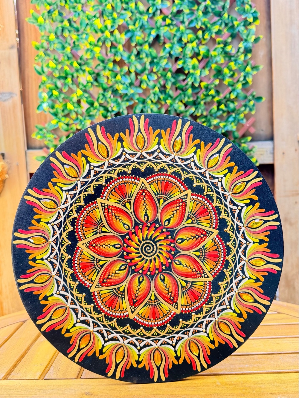 Solar Bloom Core. Wooden Mandala 12". Hand dot painted and signed. Boho decor.